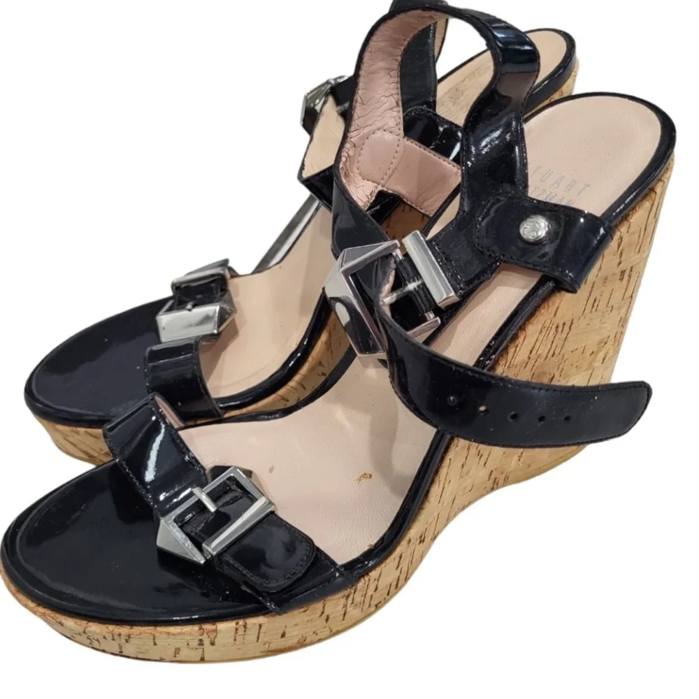 Stuart Weitzman Too much Cork wedge Sandal Patent 8.5M Shoe Style